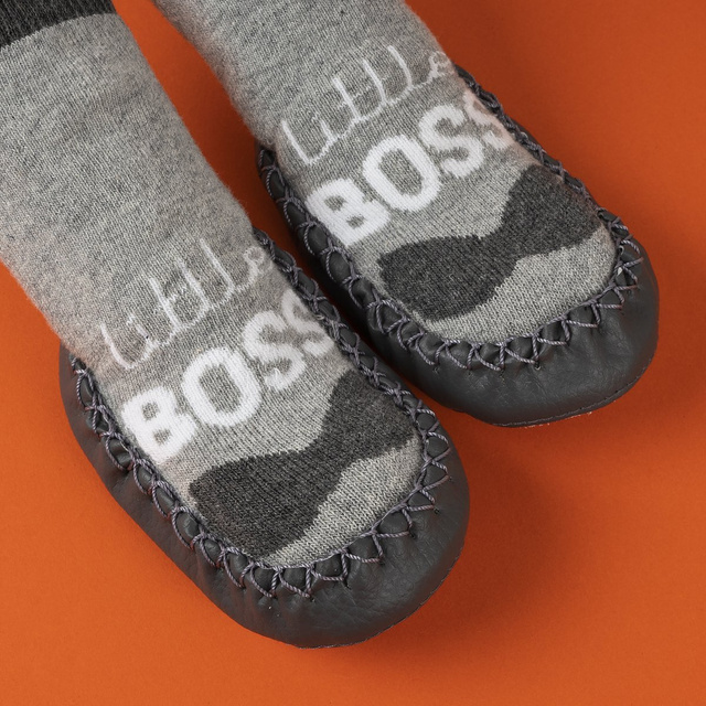 OUTLET Sivé detské papučky SOXO so sivou koženou podrážkou