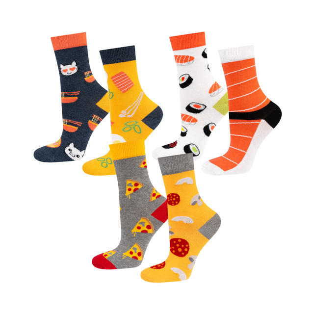 Sada 3x Farebné dámske ponožky SOXO nezhodné Pizza sushi ramen