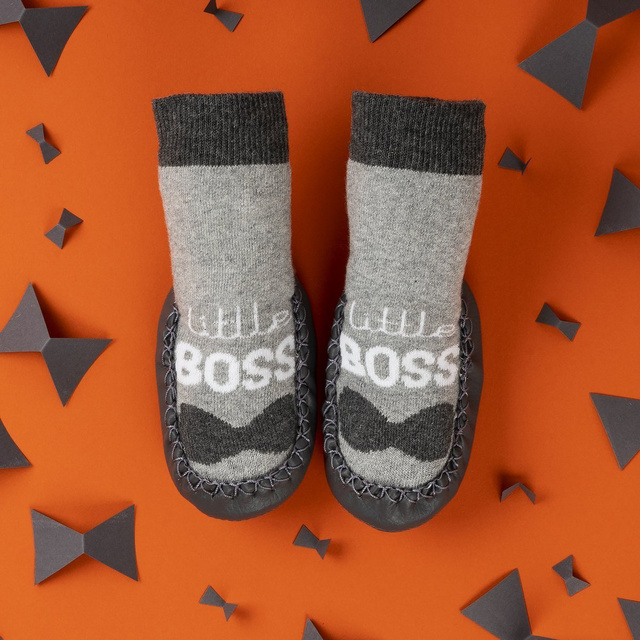 OUTLET Sivé detské papučky SOXO so sivou koženou podrážkou