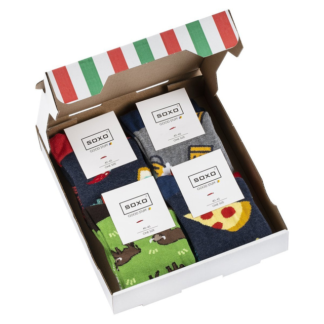 Sada 4x pánskych ponožiek SOXO GOOD STUFF v krabičke pizza | perfektná sada na darček